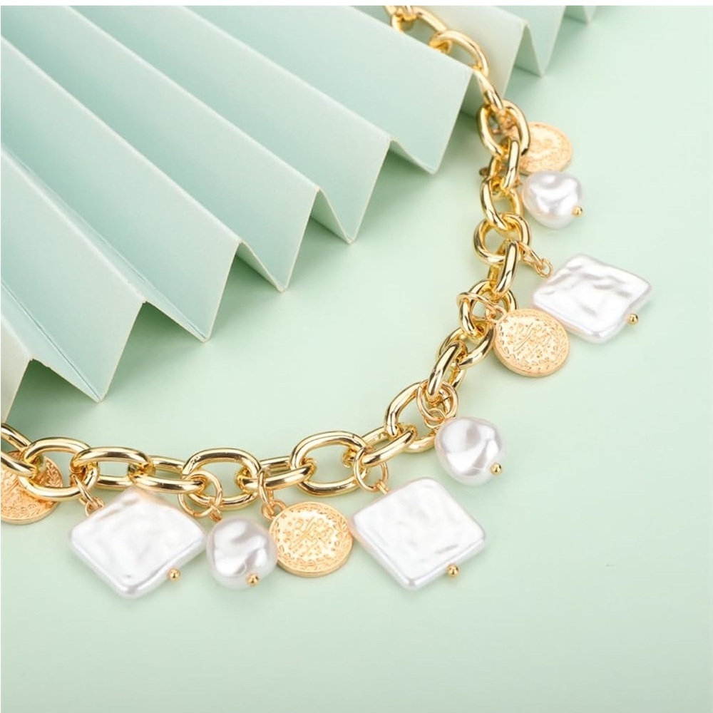 Anthropologie Gold Chain Necklace with White Pearl and Shell Charms - Picture 5 of 6